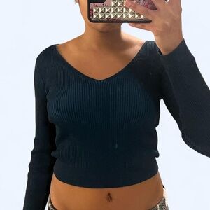 Dark Blue Ribbed V-Neck Sweater